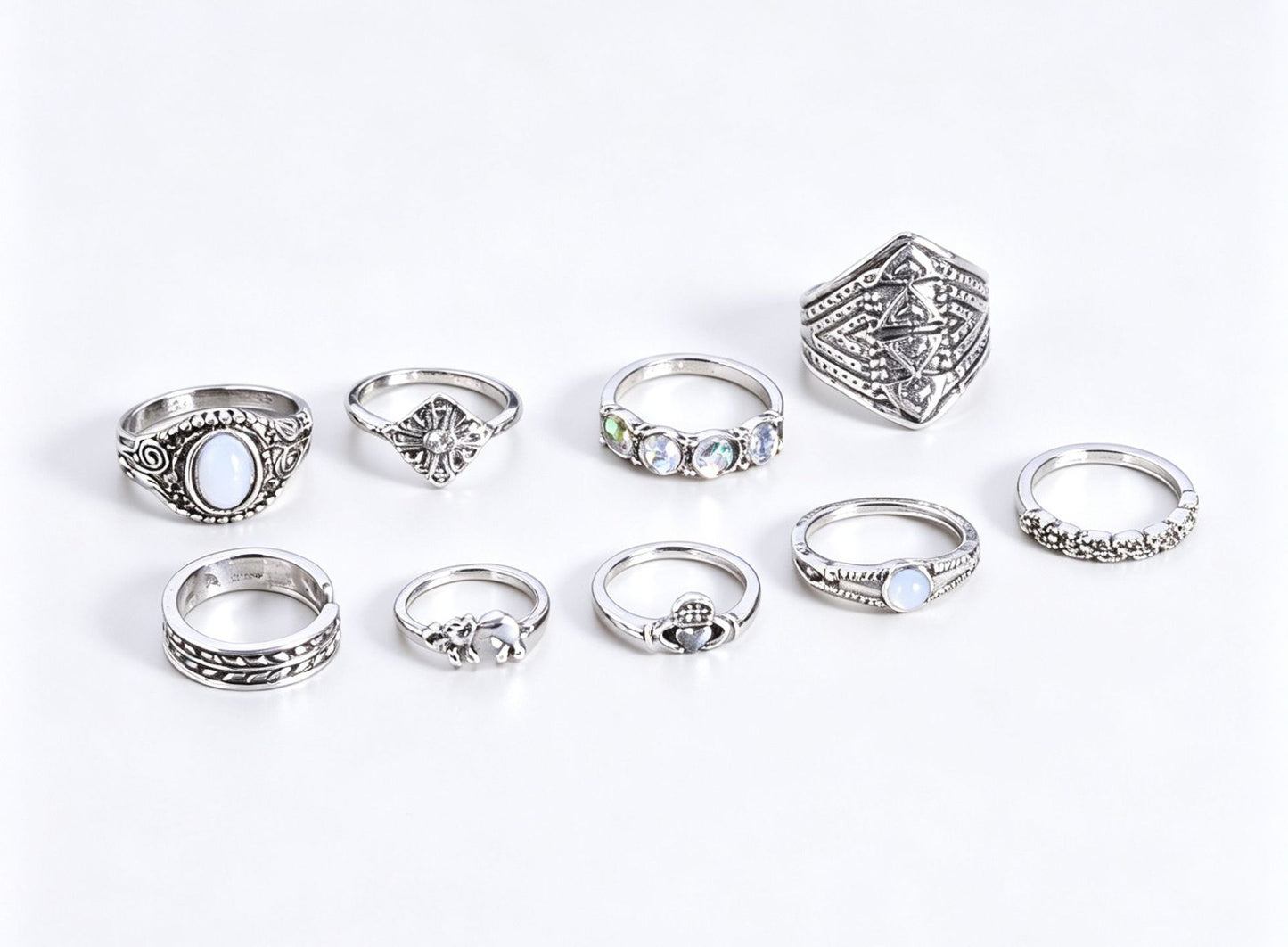 9 Pieces Geometric Rings For Women In Ethnic Style, Alloy Material With Electroplated Finish