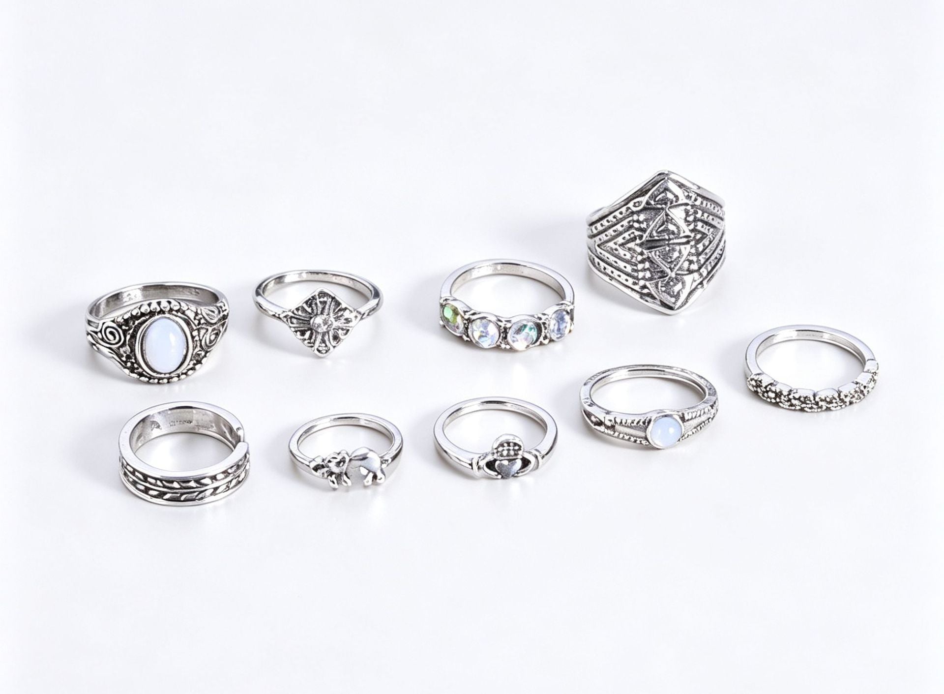 9 Pieces Geometric Rings For Women In Ethnic Style, Alloy Material With Electroplated Finish
