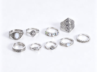 9 Pieces Geometric Rings For Women In Ethnic Style, Alloy Material With Electroplated Finish
