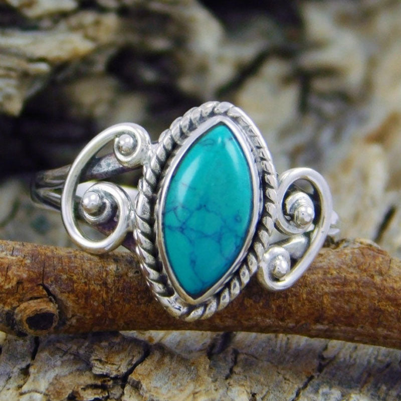 Unisex Geometric Alloy Ring With Turquoise Inlay, Electroplated Finish Featuring Vintage Style
