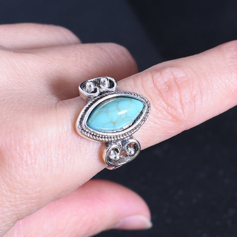 Unisex Geometric Alloy Ring With Turquoise Inlay, Electroplated Finish Featuring Vintage Style