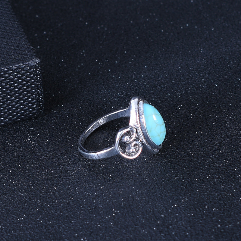 Unisex Geometric Alloy Ring With Turquoise Inlay, Electroplated Finish Featuring Vintage Style