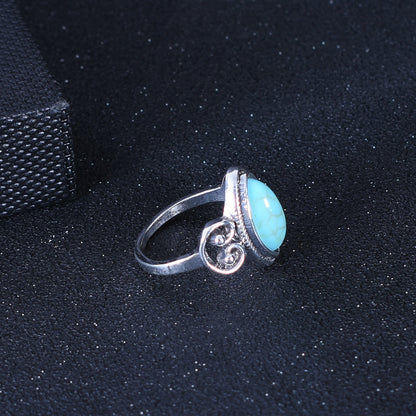 Unisex Geometric Alloy Ring With Turquoise Inlay, Electroplated Finish Featuring Vintage Style