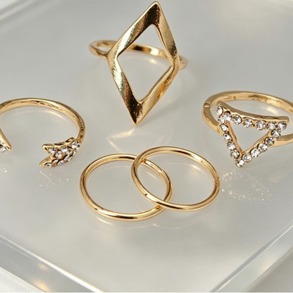 For Women 5 Pieces Gold Arrow Rings Featuring Electroplated Alloy And Rhinestones Inlay