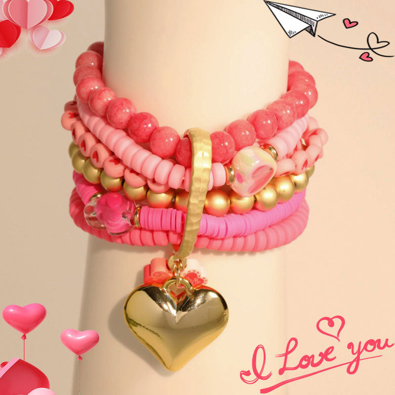 Sweet Heart Shape Weekly Bracelets For Women With Alloy Pendant And Soft Clay Beading On Regular Chain