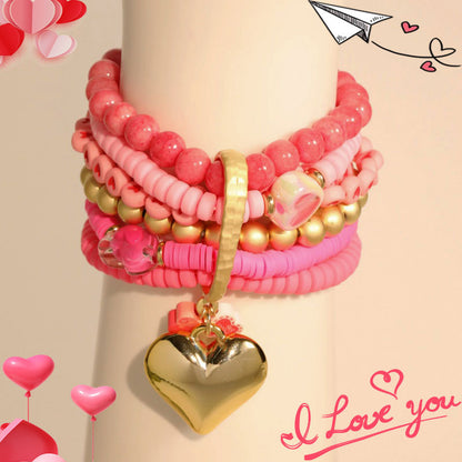Sweet Heart Shape Weekly Bracelets For Women With Alloy Pendant And Soft Clay Beading On Regular Chain
