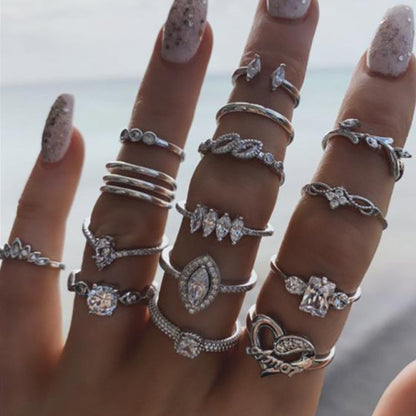 15 Pieces Bohemian Heart Shape Rings For Women, Alloy With Rhinestones, Electroplated Finish