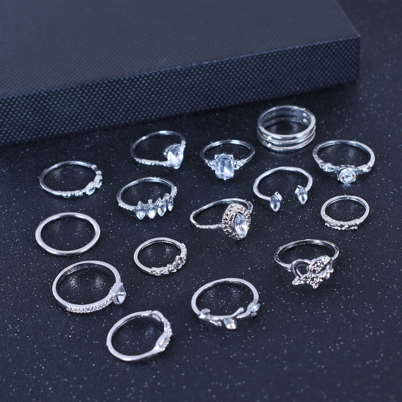 15 Pieces Bohemian Heart Shape Rings For Women, Alloy With Rhinestones, Electroplated Finish