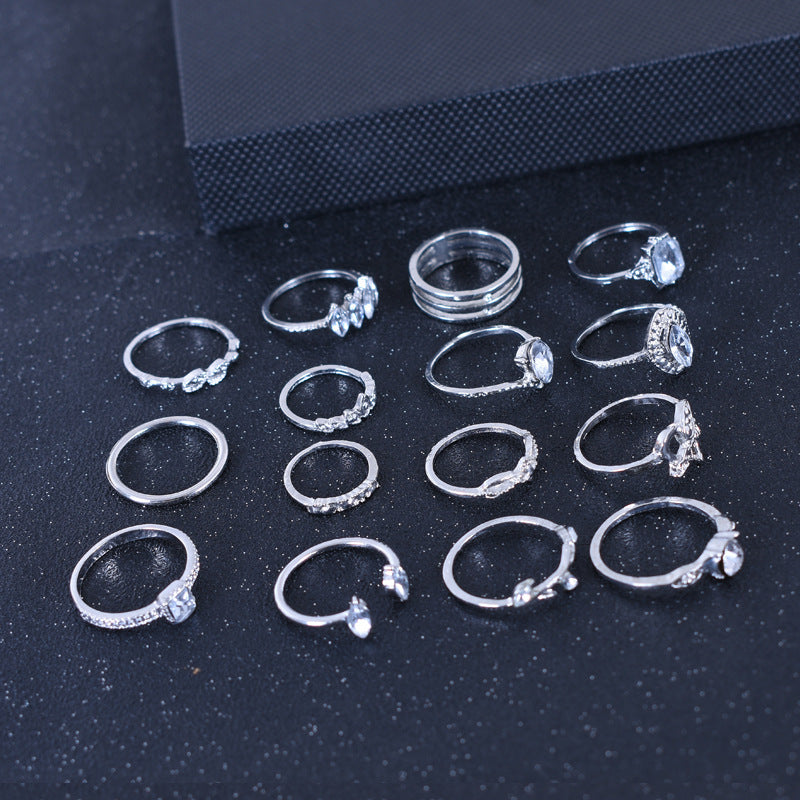 15 Pieces Bohemian Heart Shape Rings For Women, Alloy With Rhinestones, Electroplated Finish