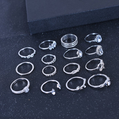 15 Pieces Bohemian Heart Shape Rings For Women, Alloy With Rhinestones, Electroplated Finish