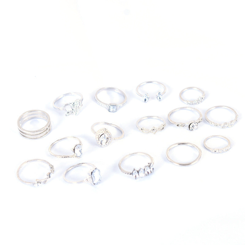 15 Pieces Bohemian Heart Shape Rings For Women, Alloy With Rhinestones, Electroplated Finish