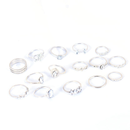 15 Pieces Bohemian Heart Shape Rings For Women, Alloy With Rhinestones, Electroplated Finish