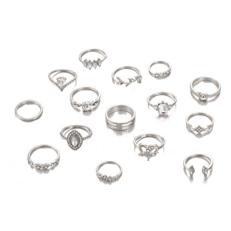 15 Pieces Bohemian Heart Shape Rings For Women, Alloy With Rhinestones, Electroplated Finish