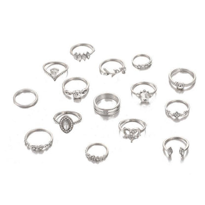 15 Pieces Bohemian Heart Shape Rings For Women, Alloy With Rhinestones, Electroplated Finish