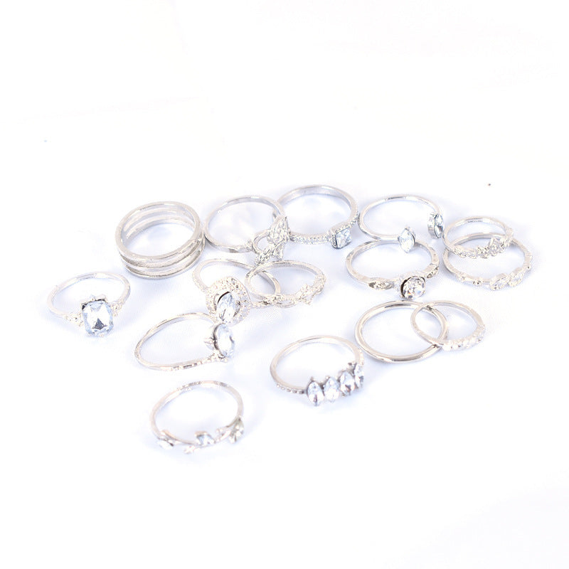 15 Pieces Bohemian Heart Shape Rings For Women, Alloy With Rhinestones, Electroplated Finish