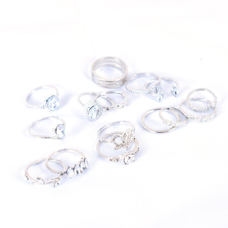 15 Pieces Bohemian Heart Shape Rings For Women, Alloy With Rhinestones, Electroplated Finish