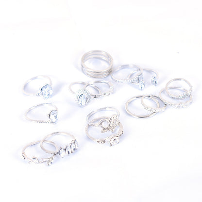 15 Pieces Bohemian Heart Shape Rings For Women, Alloy With Rhinestones, Electroplated Finish