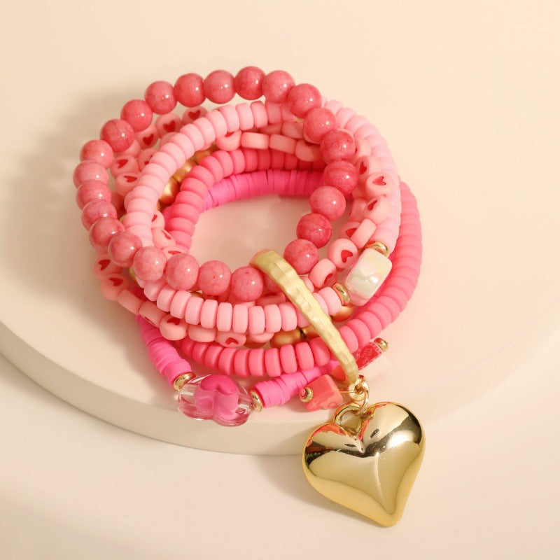 Sweet Heart Shape Weekly Bracelets For Women With Alloy Pendant And Soft Clay Beading On Regular Chain