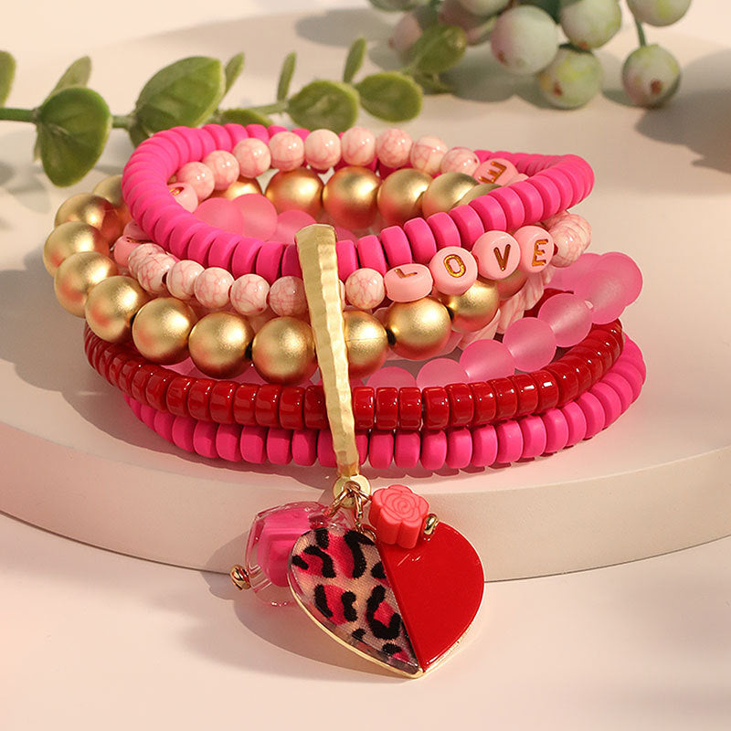 Sweet Heart Shape Weekly Bracelets For Women With Alloy Pendant And Soft Clay Beading On Regular Chain