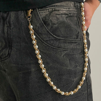 Men's Hip-Hop Metal Waist Chain With Pearl Detail In Gold