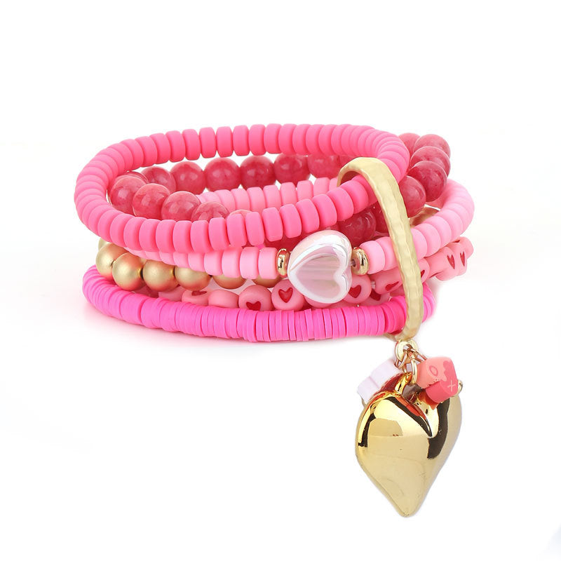 Sweet Heart Shape Weekly Bracelets For Women With Alloy Pendant And Soft Clay Beading On Regular Chain