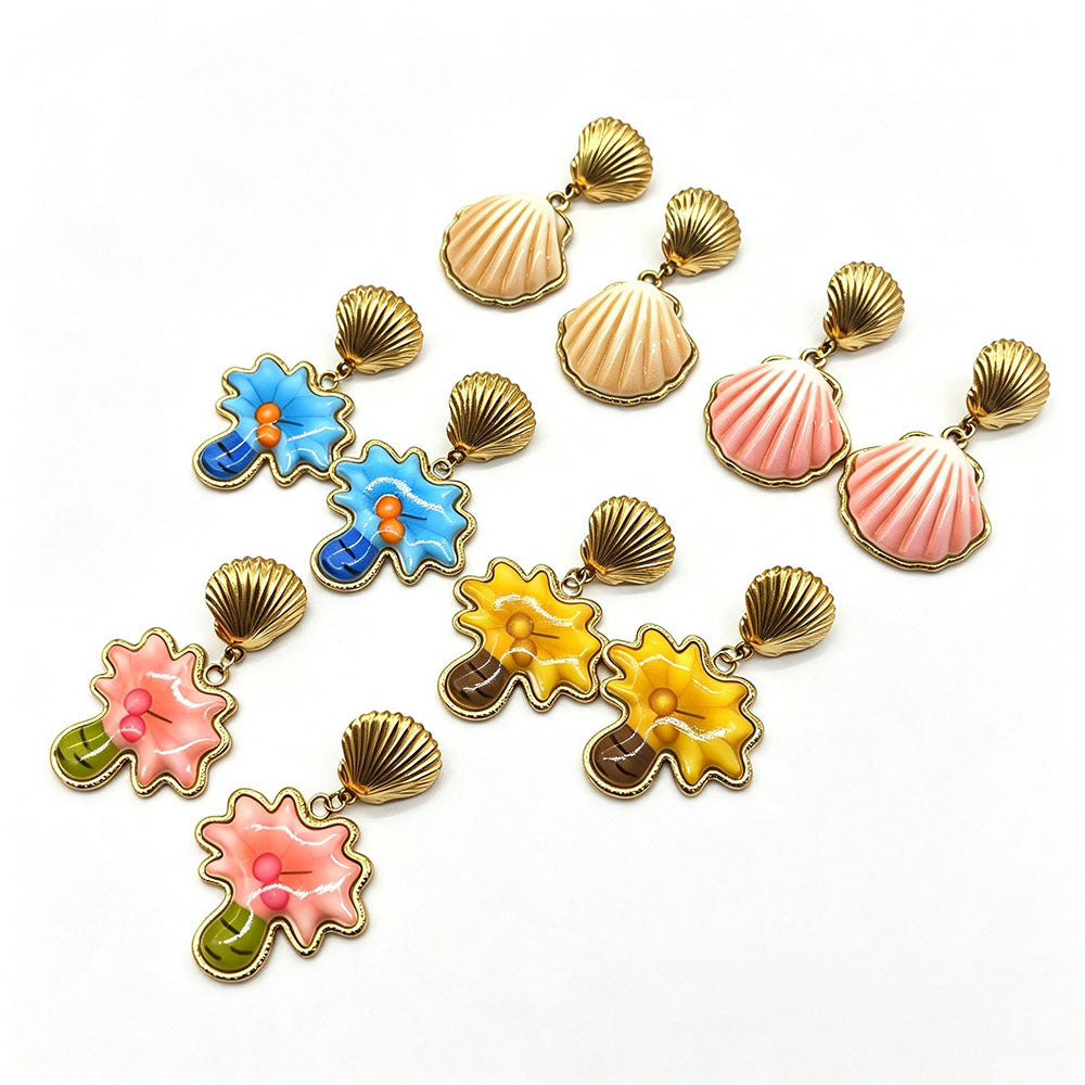 Sweet Flowers Enamel Earrings For Women In Colour With Resin And Shell Inlay