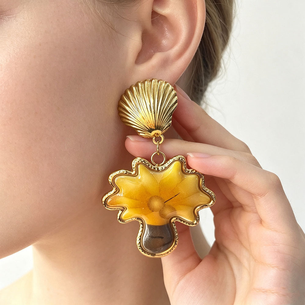 Sweet Flowers Enamel Earrings For Women In Colour With Resin And Shell Inlay