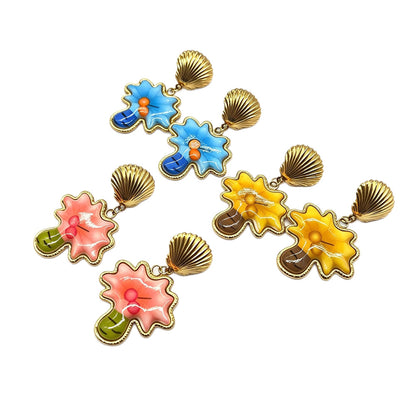 Sweet Flowers Enamel Earrings For Women In Colour With Resin And Shell Inlay