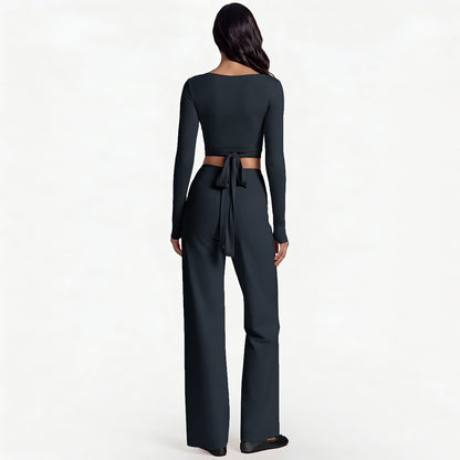 Full Length Sport Yoga Jumpsuit For Women In Stretchy Nylon Fabric Featuring Criss Cross Design With Long Sleeves