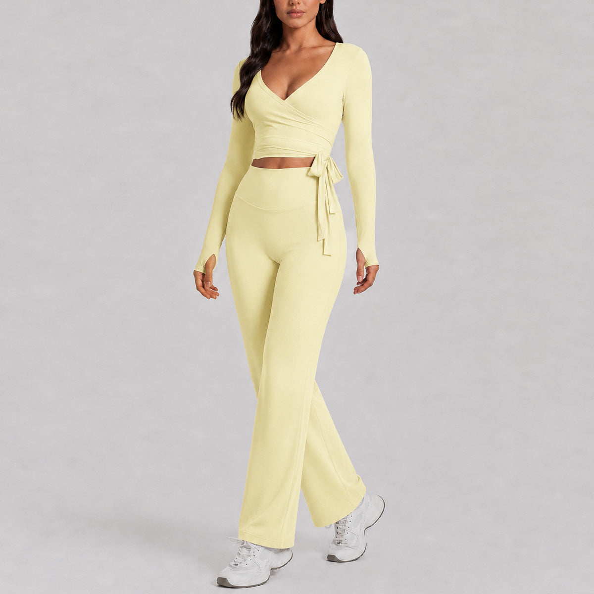 Full Length Sport Yoga Jumpsuit For Women In Stretchy Nylon Fabric Featuring Criss Cross Design With Long Sleeves