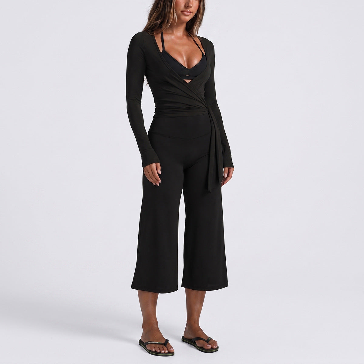 Full Length Sport Yoga Jumpsuit For Women In Stretchy Nylon Fabric Featuring Criss Cross Design With Long Sleeves