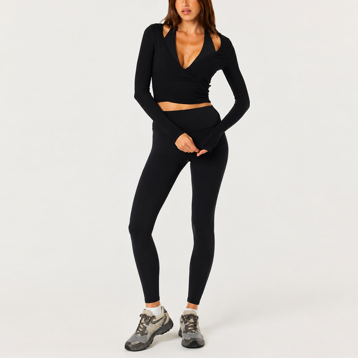 Full Length Sport Yoga Jumpsuit For Women In Stretchy Nylon Fabric Featuring Criss Cross Design With Long Sleeves