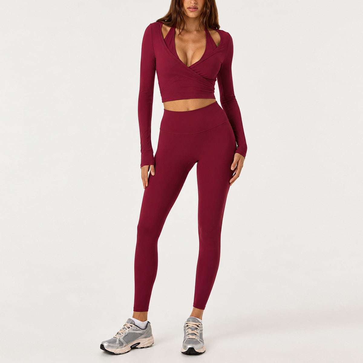 Full Length Sport Yoga Jumpsuit For Women In Stretchy Nylon Fabric Featuring Criss Cross Design With Long Sleeves