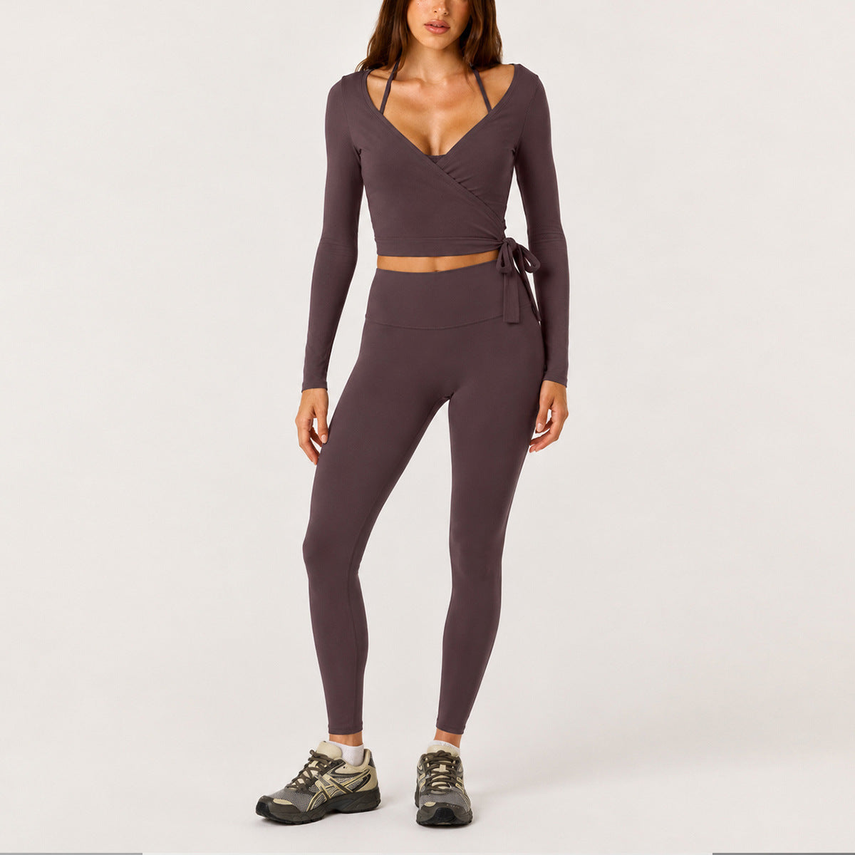 Full Length Sport Yoga Jumpsuit For Women In Stretchy Nylon Fabric Featuring Criss Cross Design With Long Sleeves