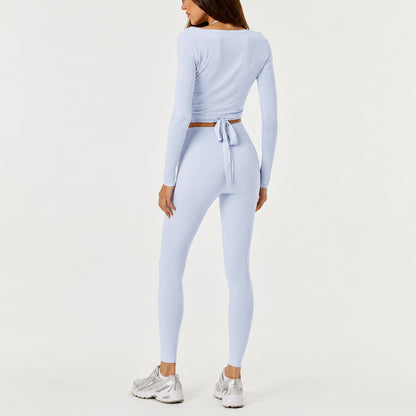 Full Length Sport Yoga Jumpsuit For Women In Stretchy Nylon Fabric Featuring Criss Cross Design With Long Sleeves