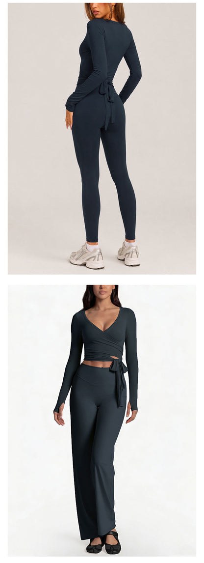 Full Length Sport Yoga Jumpsuit For Women In Stretchy Nylon Fabric Featuring Criss Cross Design With Long Sleeves