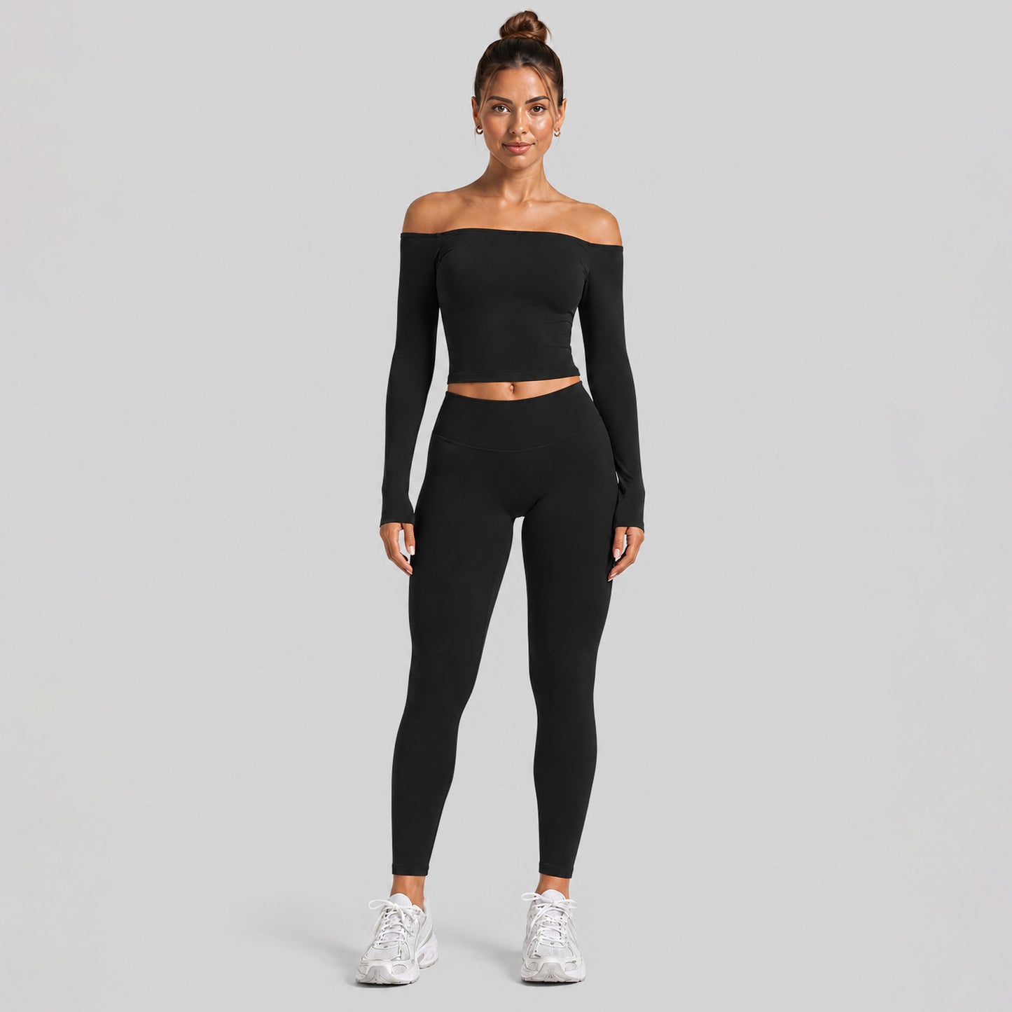 Sport Full Length Yoga Pants With High Elasticity Nylon Fabric, Slim Fit, Long Sleeve Design For Women