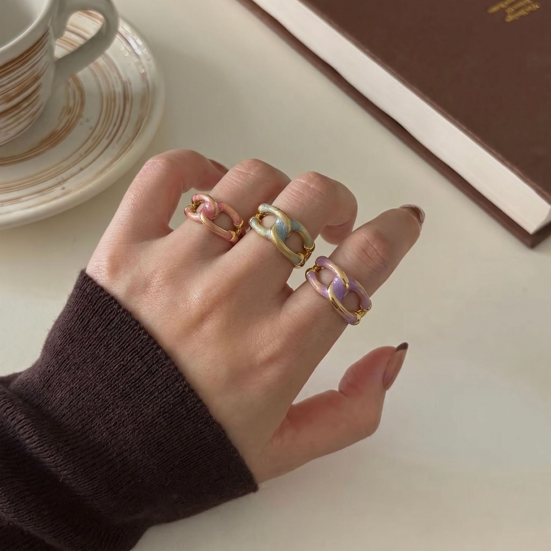 Sweet Cartoon Open Rings For Women, Copper Material With Electroplated Gold Plating And Epoxy Craft