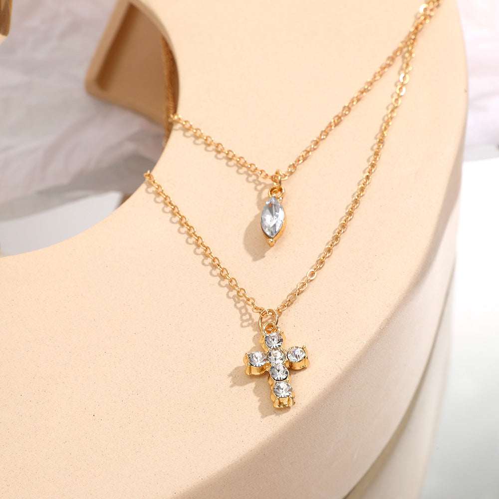 Electroplated Gold Cross Necklace For Women With Zircon Inlay And Simple Style Featuring Slider Chain In Alloy
