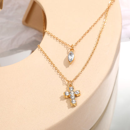 Electroplated Gold Cross Necklace For Women With Zircon Inlay And Simple Style Featuring Slider Chain In Alloy
