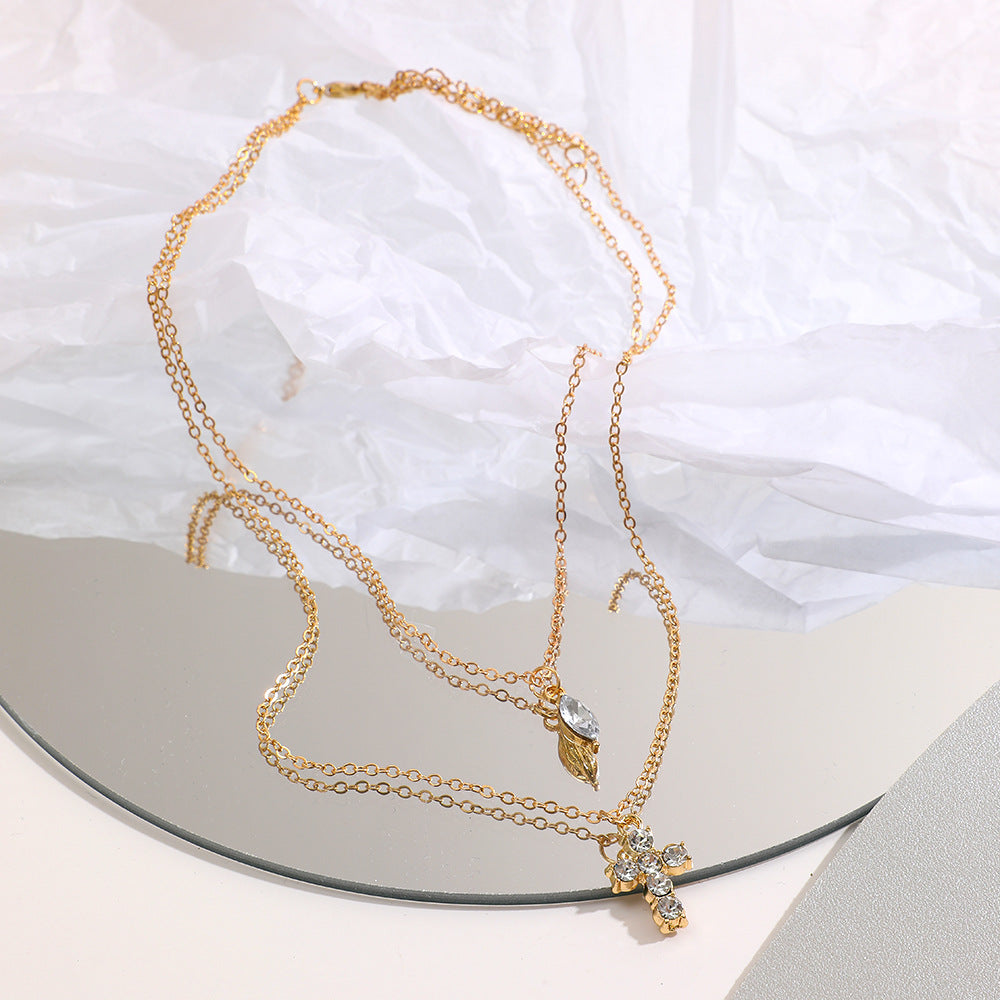 Electroplated Gold Cross Necklace For Women With Zircon Inlay And Simple Style Featuring Slider Chain In Alloy