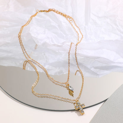 Electroplated Gold Cross Necklace For Women With Zircon Inlay And Simple Style Featuring Slider Chain In Alloy