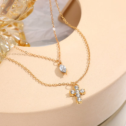 Electroplated Gold Cross Necklace For Women With Zircon Inlay And Simple Style Featuring Slider Chain In Alloy