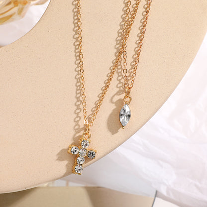 Electroplated Gold Cross Necklace For Women With Zircon Inlay And Simple Style Featuring Slider Chain In Alloy