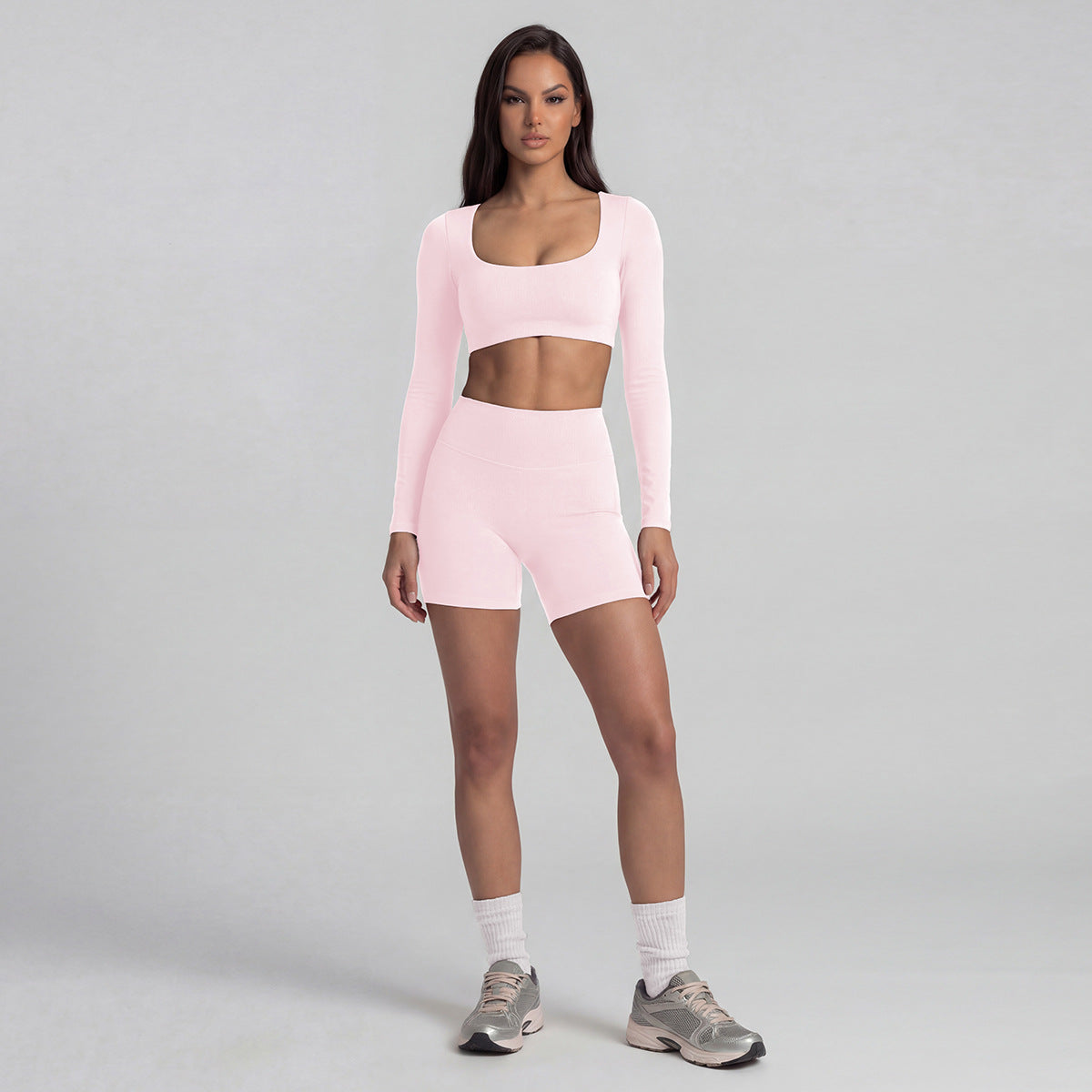 Women's Solid Color Nylon Shorts Co-ord Set With T-shirt In Natural Pink Featuring Pullover Design For Yoga