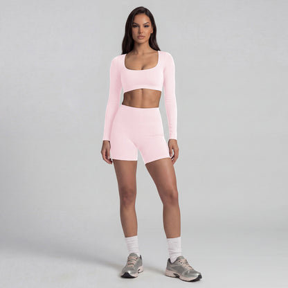 Women's Solid Color Nylon Shorts Co-ord Set With T-shirt In Natural Pink Featuring Pullover Design For Yoga