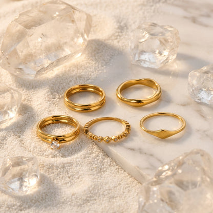 Geometric Electroplated Rings For Women In 304 Stainless Steel With 18K Real Gold PVD Coating And Zircon Inlay