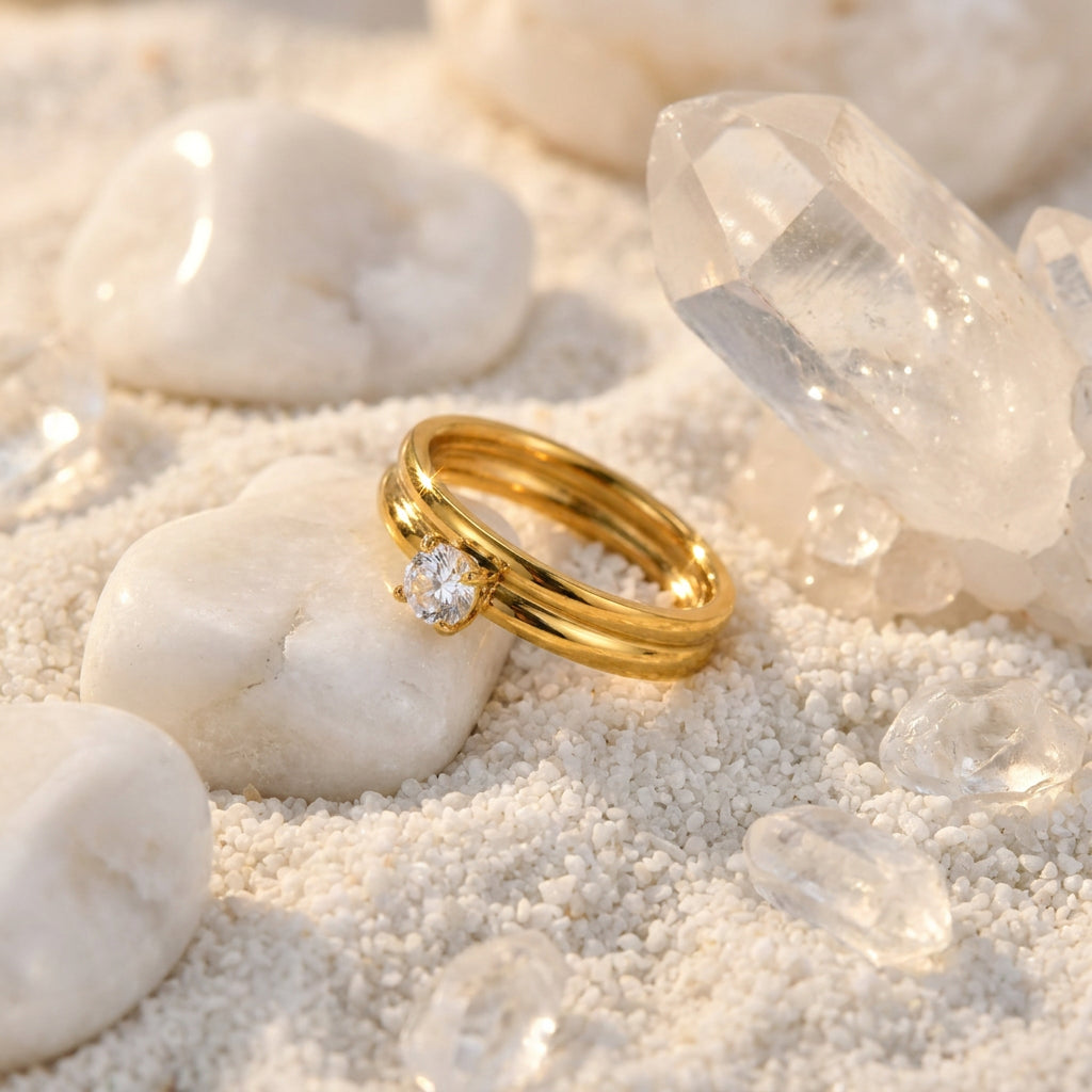 Geometric Electroplated Rings For Women In 304 Stainless Steel With 18K Real Gold PVD Coating And Zircon Inlay