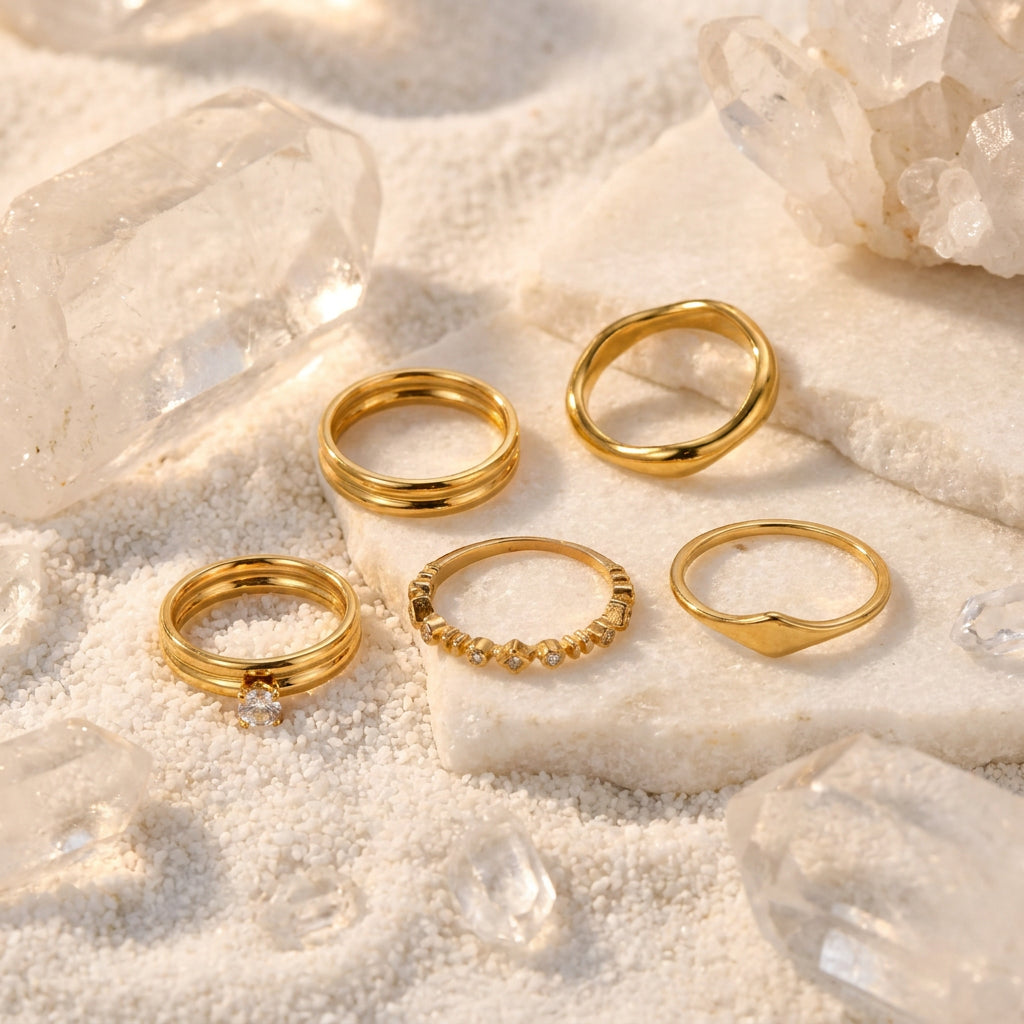 Geometric Electroplated Rings For Women In 304 Stainless Steel With 18K Real Gold PVD Coating And Zircon Inlay