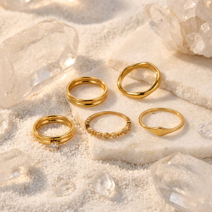 Geometric Electroplated Rings For Women In 304 Stainless Steel With 18K Real Gold PVD Coating And Zircon Inlay